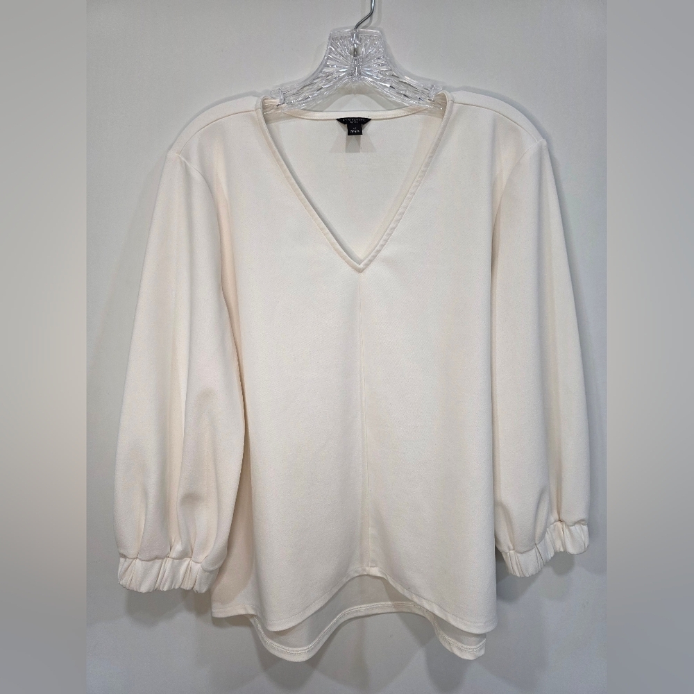 Ann Taylor Stretchy Ivory V-Neck Large P Blouse Full Sleeve Business Casual
